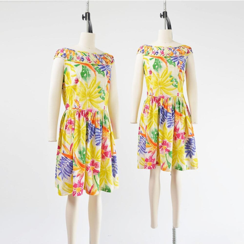 Vintage 90s Tropical Floral Cotton Sundress, Lattice Boatneck Dress size S